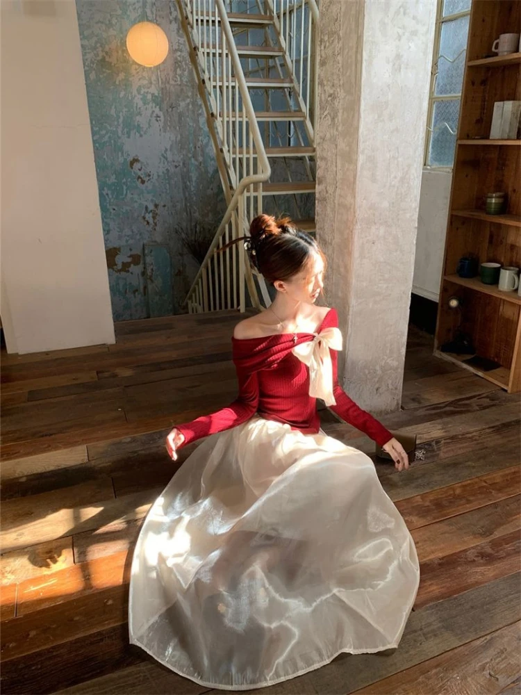 

Women's One Shoulder Bow Long Sleeve Knit Top with Shimmering Chiffon Patchwork Midi Skirt Heiress Style Set