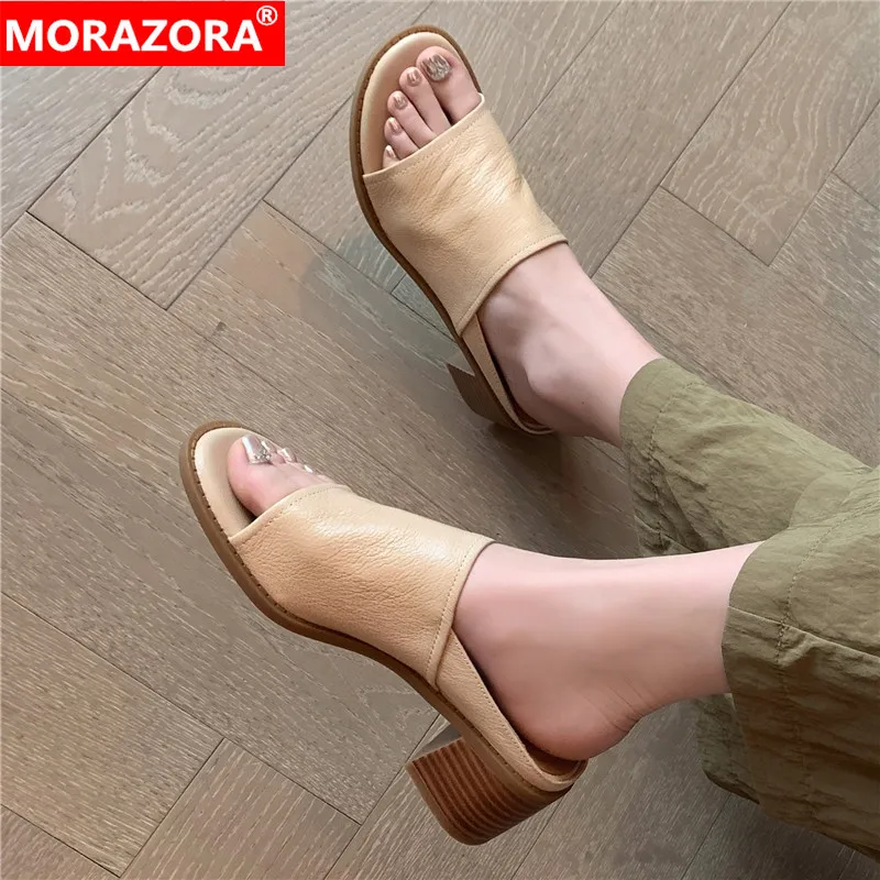 

MORAZORA 2024 New Genuine Leather Shoes Women Slippers Chunky High Heels Office Dress Shoes Ladies Daily Footwear