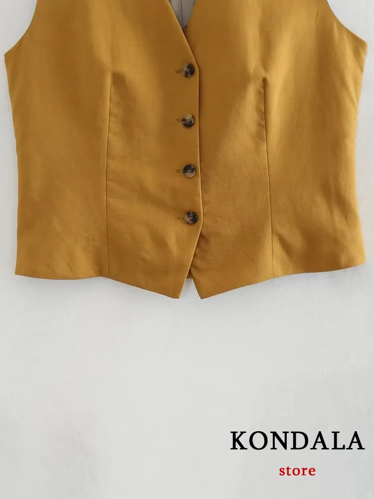 KONDALA-Top de colete fino amarelo monocromático com zíper para mulheres, saia longa, streetwear chique, casual e elegante, colete de botão, verão 2023