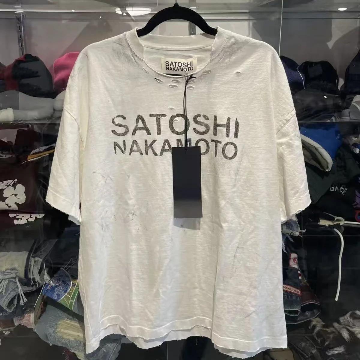 Satoshi Nakamoto T-shirt 26SS Destroyed Washed White Letter Print Vintage Ripped Short-Sleeved T Shirts Men Women Streetwear