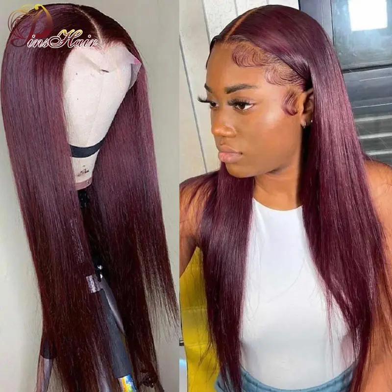 

Bone Straight 13X6 HD Transparent Lace Front Human Hair Wigs Remy Pre Plucked Burgundy Lace Frontal Wig Red 99J Human Hair Wig
