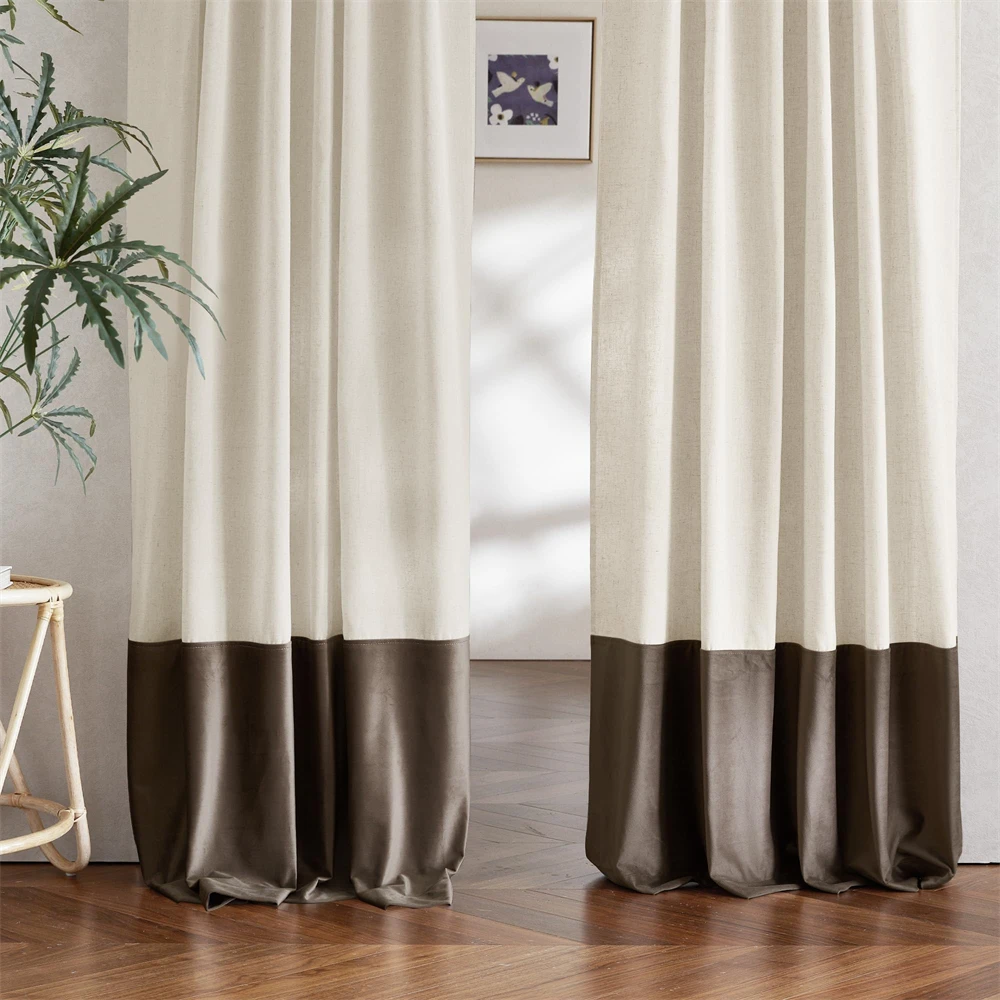 RYB HOME Flax Linen & Luster Velvet Curtain Modern Curtains for Bedroom Curtains Panel Living room