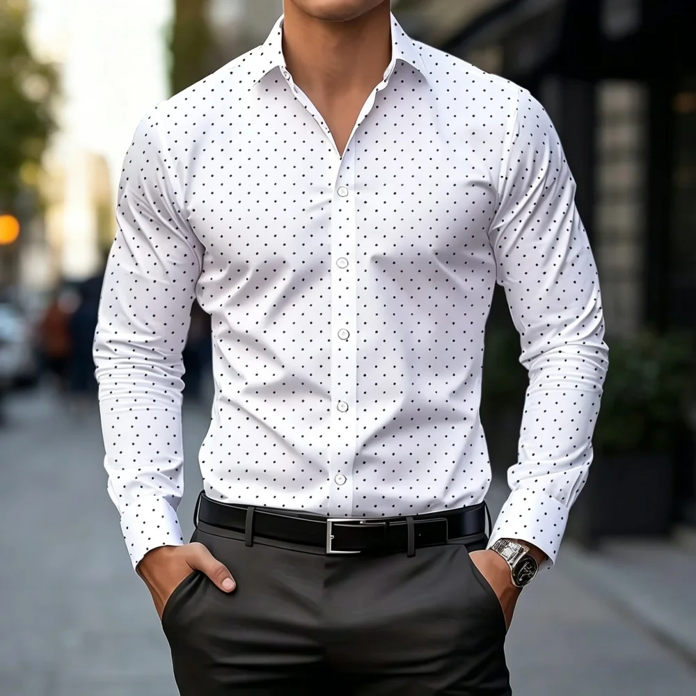 Men's long-sleeved shirt, polka dot print, business casual shirt, versatile and stylish top for everyday commuting and outings.