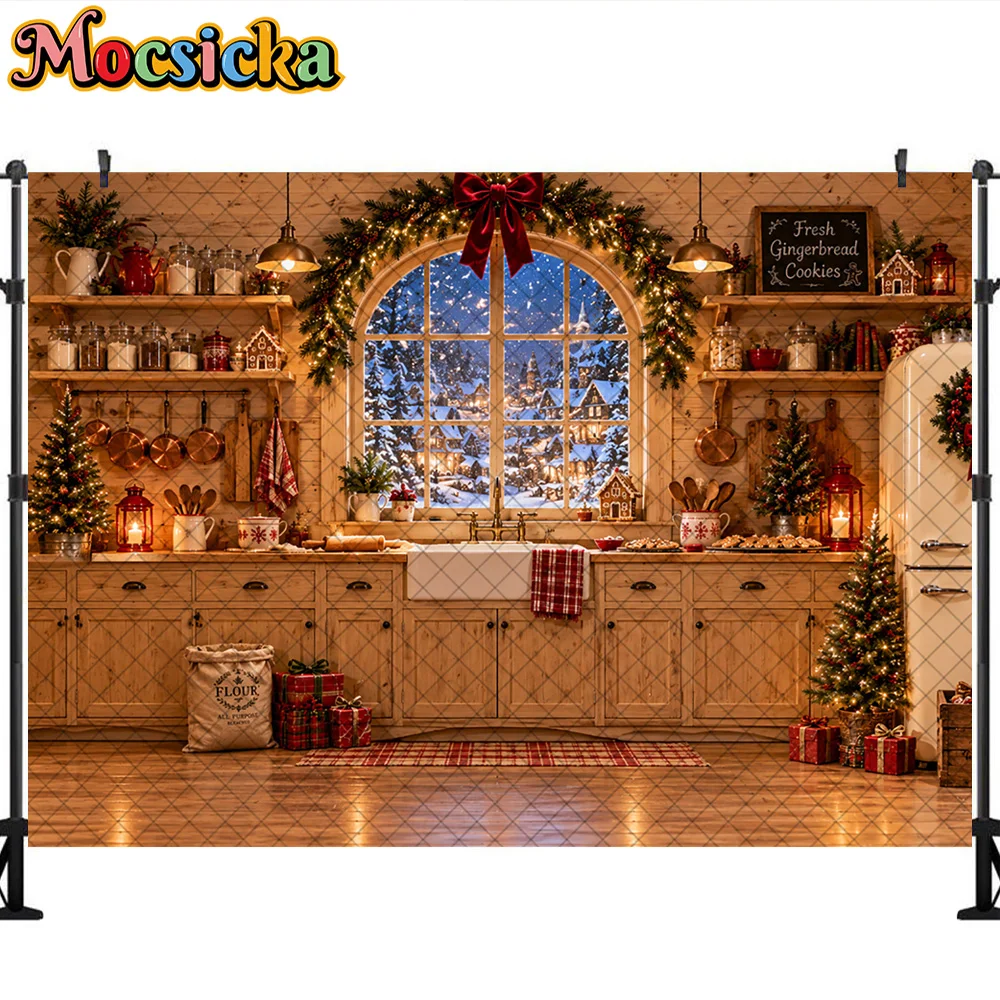 Mocsicka Christmas Kitchen Photography Backdrop Gingerbread Cookie Window Rustic Cabin Xmas Kid Baking Portrait Photo Background