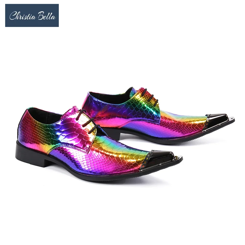 

Christia Bella Fashion Multicolor Laser Genuine Leather Men Oxford Shoes Lace Up Dress Shoes Male Pointed Toe Party Brogue Shoes