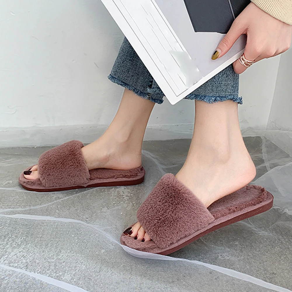 Fashion Plush Furry Women Slippers Winter Plush Fluffy Shallow Mouth Indoor Outdoor Flip-flop Casual Bedroom Slippers Flat Shoes