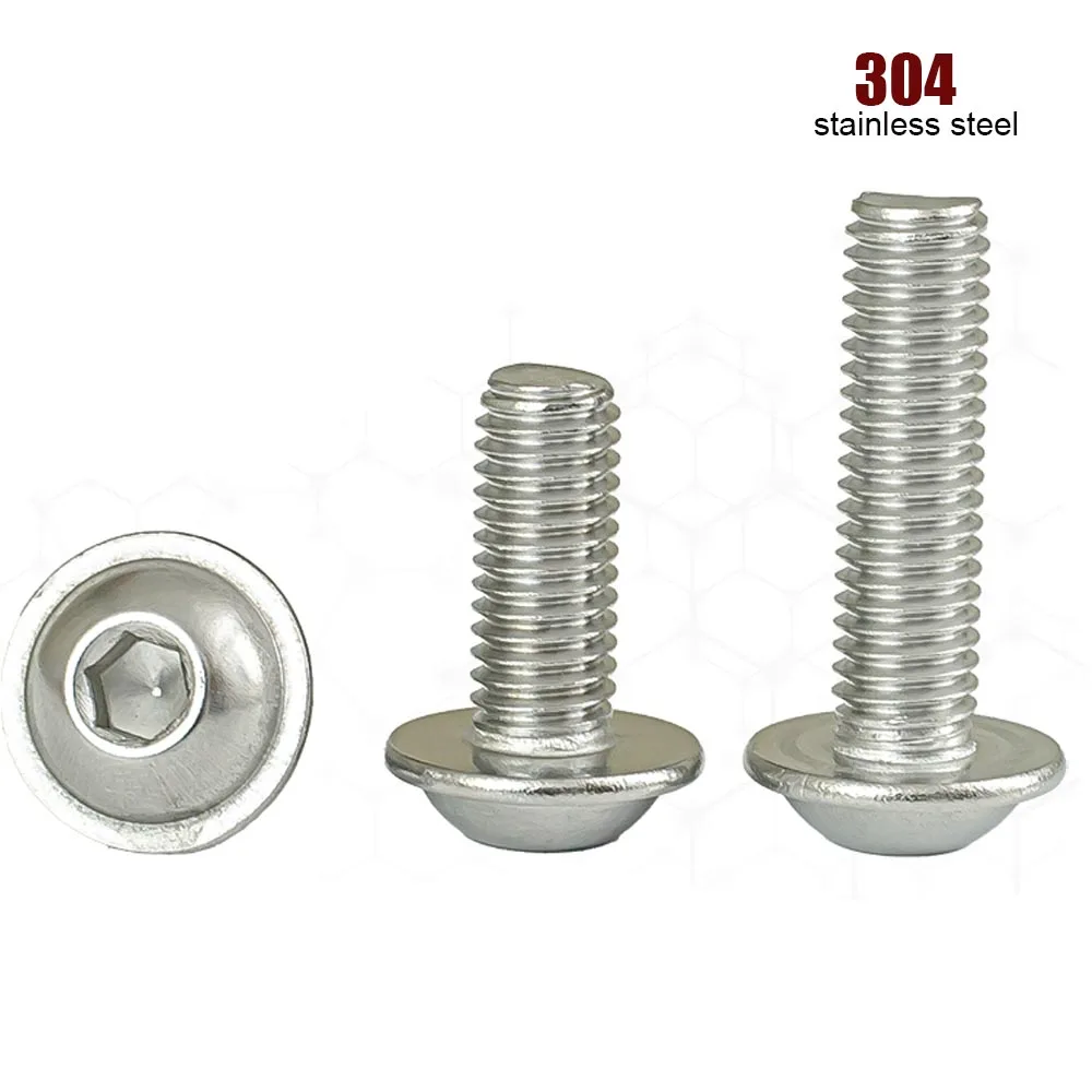 1/50ps M2 M2.5 M3 to M12 304 Stainless Steel ISO7380.2 Hex Hexagon Socket Round Button Flange Head With Washer Collar Screw Bolt