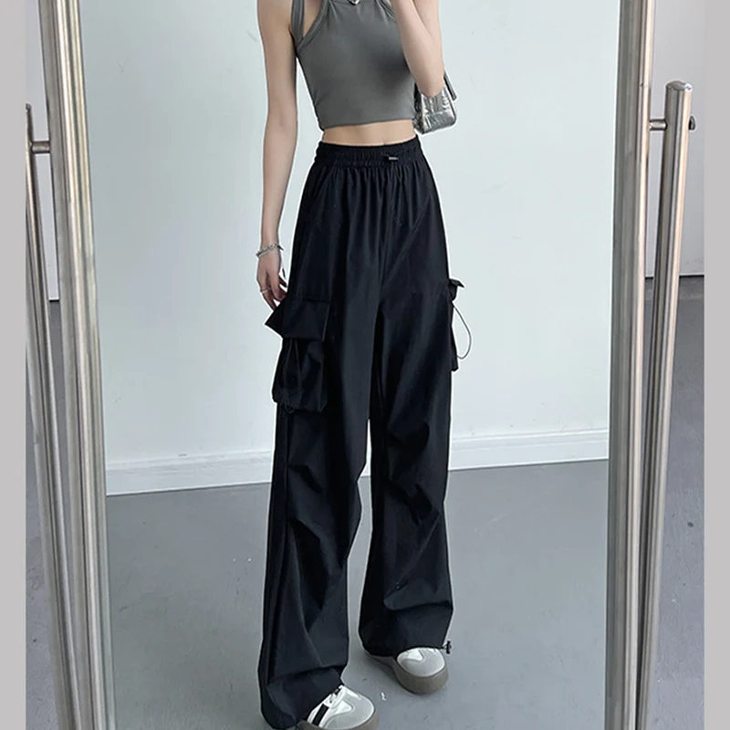 Fashion Pocket Drawstring Cargo Pants Women High Street Hip Hop Skateboard Sport Trousers Autumn Casual High Waist Straight Pant
