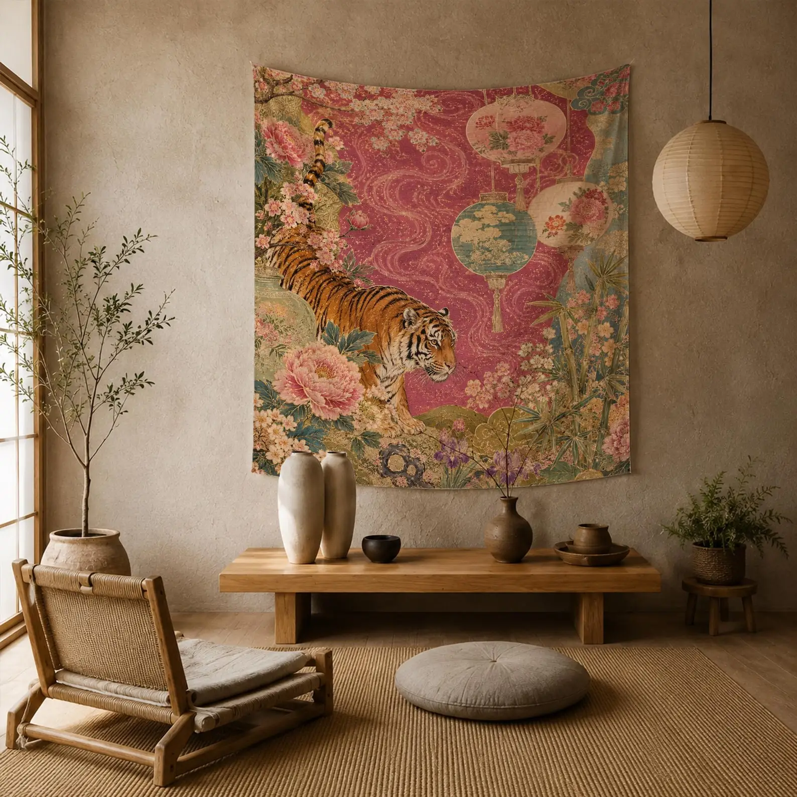 Large Bohemian Tiger Floral Tapestry Wall Hanging Boho Chic Tropical Jungle Art Home Decor Tapestry