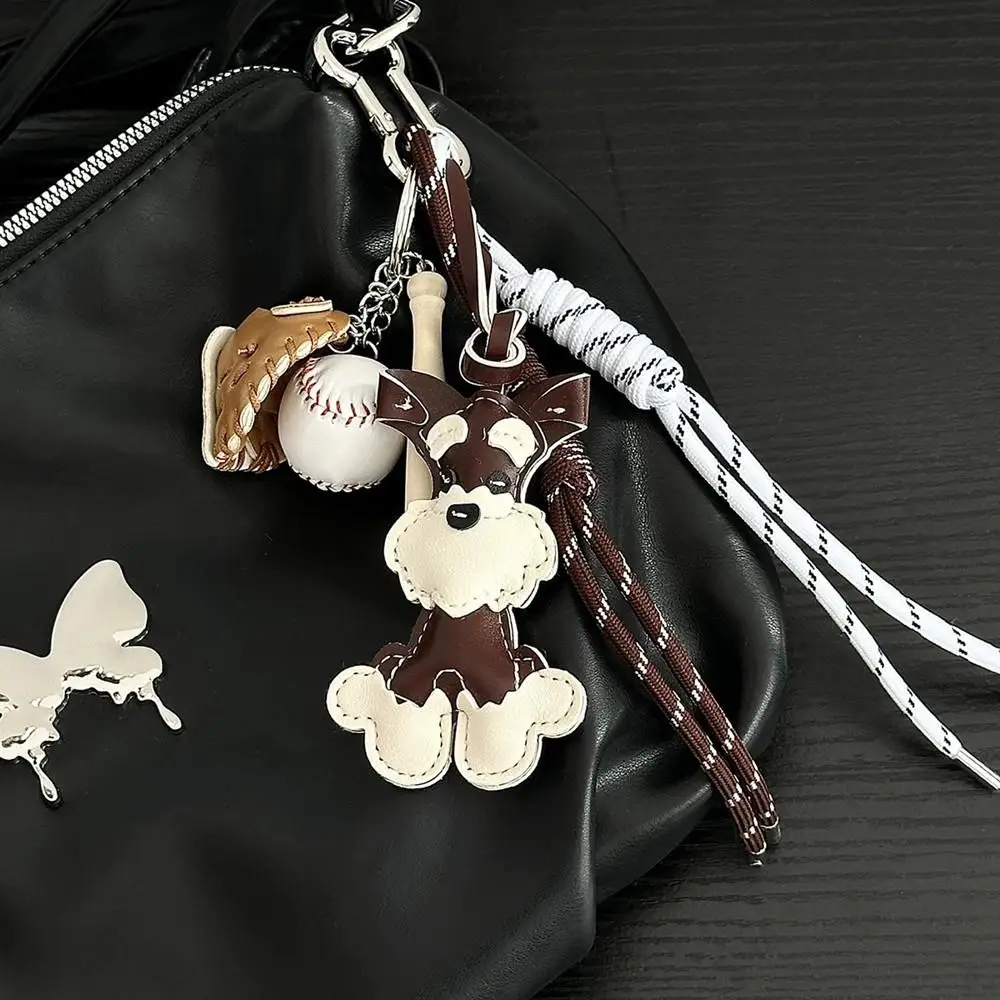 Vintage Brown Leather Puppy Dog Keychain Dachshund Puppy Car KeyRing Cute Helmet Bear Braided Rope Accessories Bread Bag Pendant