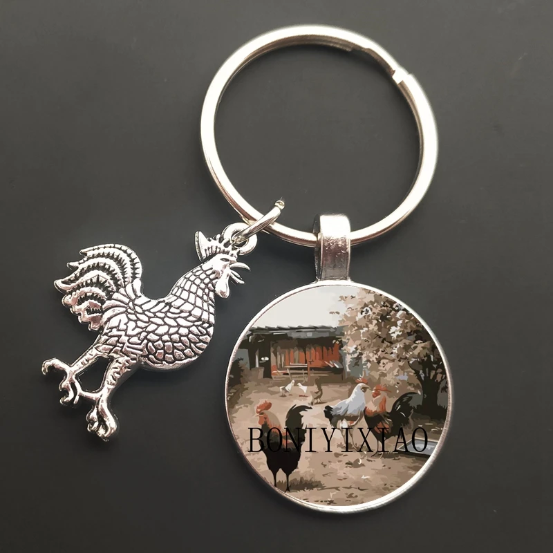 Floral Chicken Rooster Glass Cabochon Keychain Cute Chicken Glass Key Ring Lovely Animal Cock Purse Bag Key Holder for Women