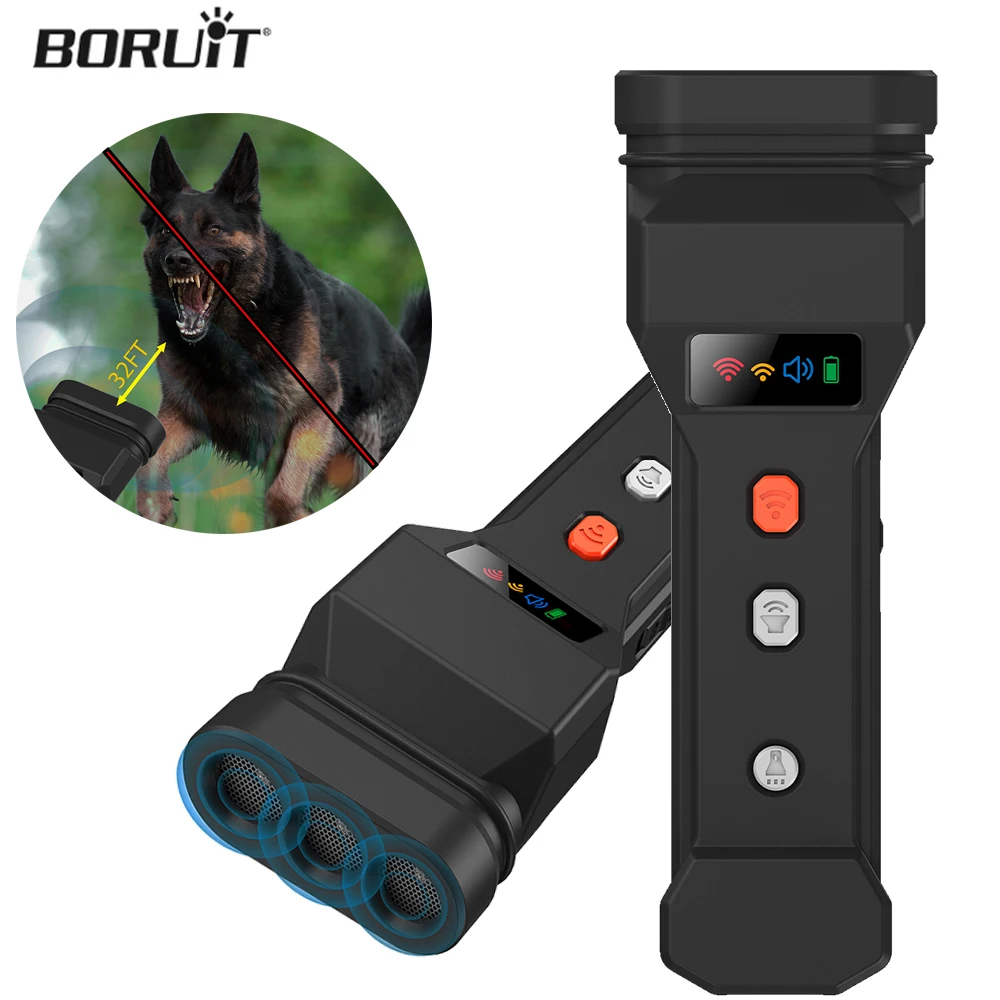 BORUIT Ultrasonic Bark Pet Dog Repeller Training Device Rechargeable Anti Dog Bark Deterrent Device Self-Defence LED Flashlight