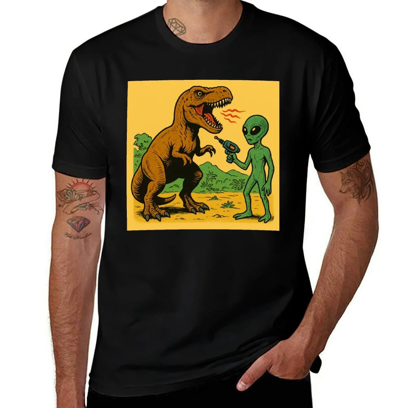 

Dinosaur & Alien – Vintage Sci-Fi Clash T-Shirt graphic shirts blue lock Personalized t-shirt sweat shirts, men