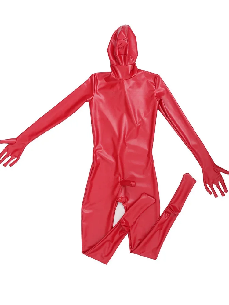 

Hot Sexy Men's Full Bodysuit Oil Shiny Latex Elasitc Tights Zipper Open Crotch Cosplay Leotard U Convex Pouch Jumpsuit Plus Size