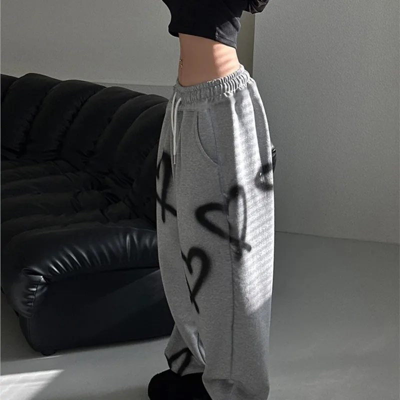 2025 All-match Wide Legs Sweatpants Woman Pants Printed Love Y2k Clothing Drawstring Elastic Waist Simple Style Sports Commuting