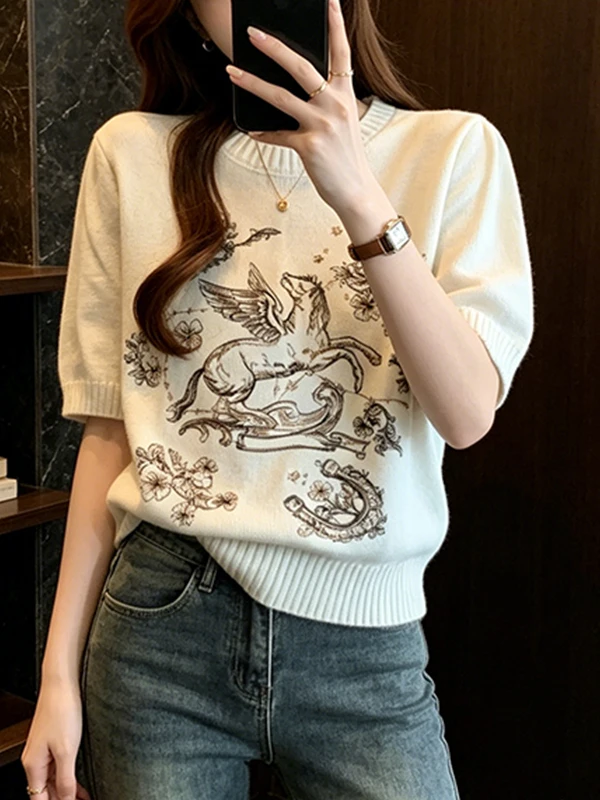 

Summer New plus Size Women's T-shirt Embroidered Knitted Short Sleeve Pure Shoulder Slimming Fashionable Versatile Top
