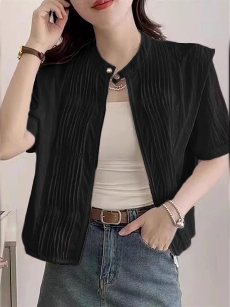 

Faionable Pleated Design Корейский воротник-стойка на молнии ort Sve Женский ильт Летний Новый круглый Ne irt