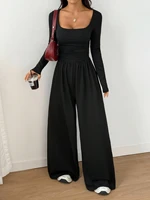 Women's Casual Solid Color Square Neck Long Sleeve A-Line Jumpsuit Pleating Wide Leg Loose Mopping Jumpsuit Spring/Fall 2026