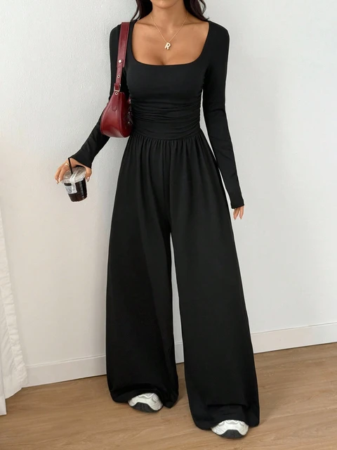 Women's Casual Solid Color Square Neck Long Sleeve A-Line Jumpsuit Pleating Wide Leg Loose Mopping Jumpsuit Spring/Fall 2026