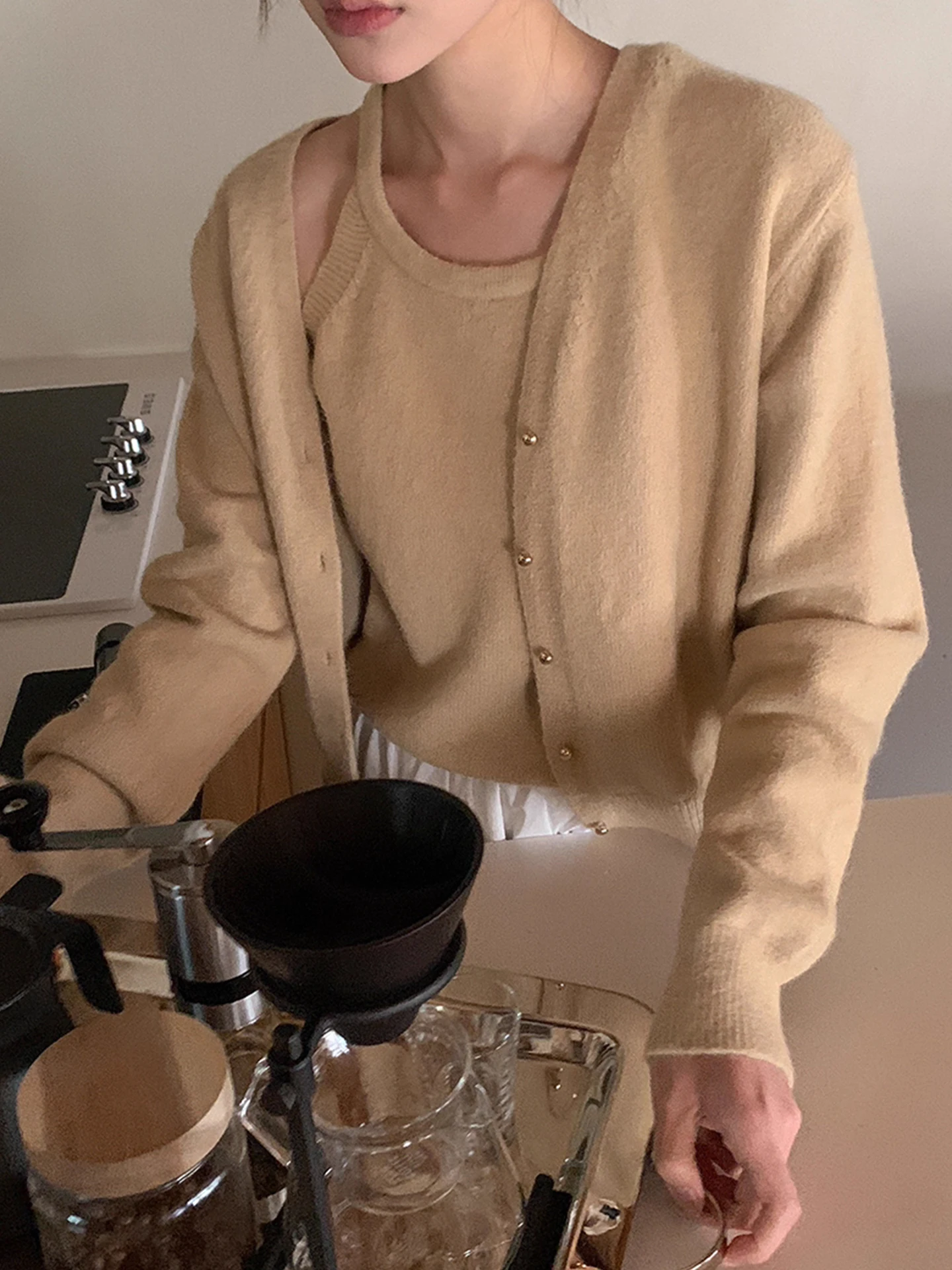 Modny zestaw: kardigan i kamizelka z dzianiny dla kobiet, długi rękaw, okrągły dekolt, wysoki stan, styl do pracy, kolekcja jesień 2025