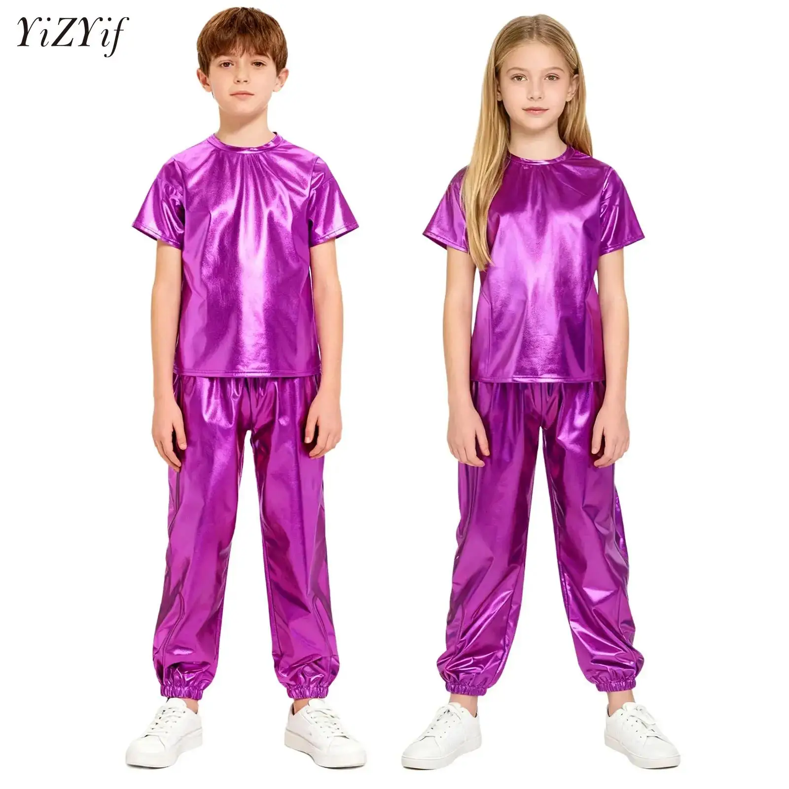 

Children Metallic Jazz Dance Modern Hip Hop Costume Kid Boy Girls Crop Top And Pant Cheerleading Performance Outfits Clothes Set