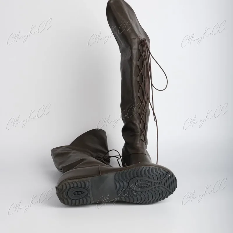 Średniowieczny Viking Cosplay mężczyźni Pu buty rycerz Pirte Retro zasznurować Archer przebranie na karnawał renesansowe gotyckie buty Steampunk fantazyjne