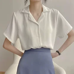 Loose Shirt Short Sleeve Shirt Blouse Shirt Womenswear Casual Fashionable Female Polyester Retro Simple Solid Color