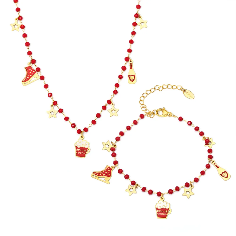 

Star Beer Ice skates Necklaces Bracelets For Women 316L Stainless Steel Link Chain Red Garnet Beads Christmas Jewelry Set Gifts