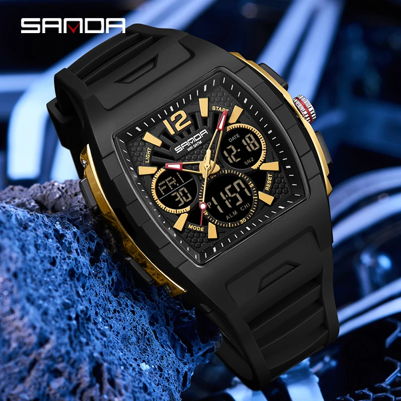 

SANDA Men's Electronic Watch Dual Display Multifunctional Sports Watch 5ATM Waterproof Night Light Three Ground Time Men's Watch