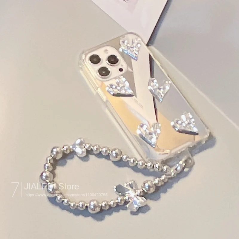 Bow Bracelet Chain Love Mirror Phone case For iPhone 15 14 13 12 11 Pro X XS Max XR 7 8 Plus Shockproof Protection Cover