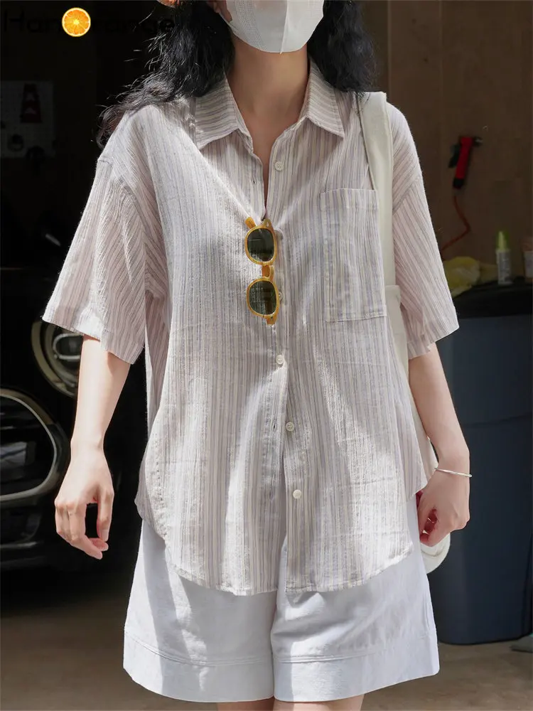 HanOrange 2024 Summer Retro Cotton Striped Shirt Women Loose Relaxed Sunscreen Top Female Light Purple