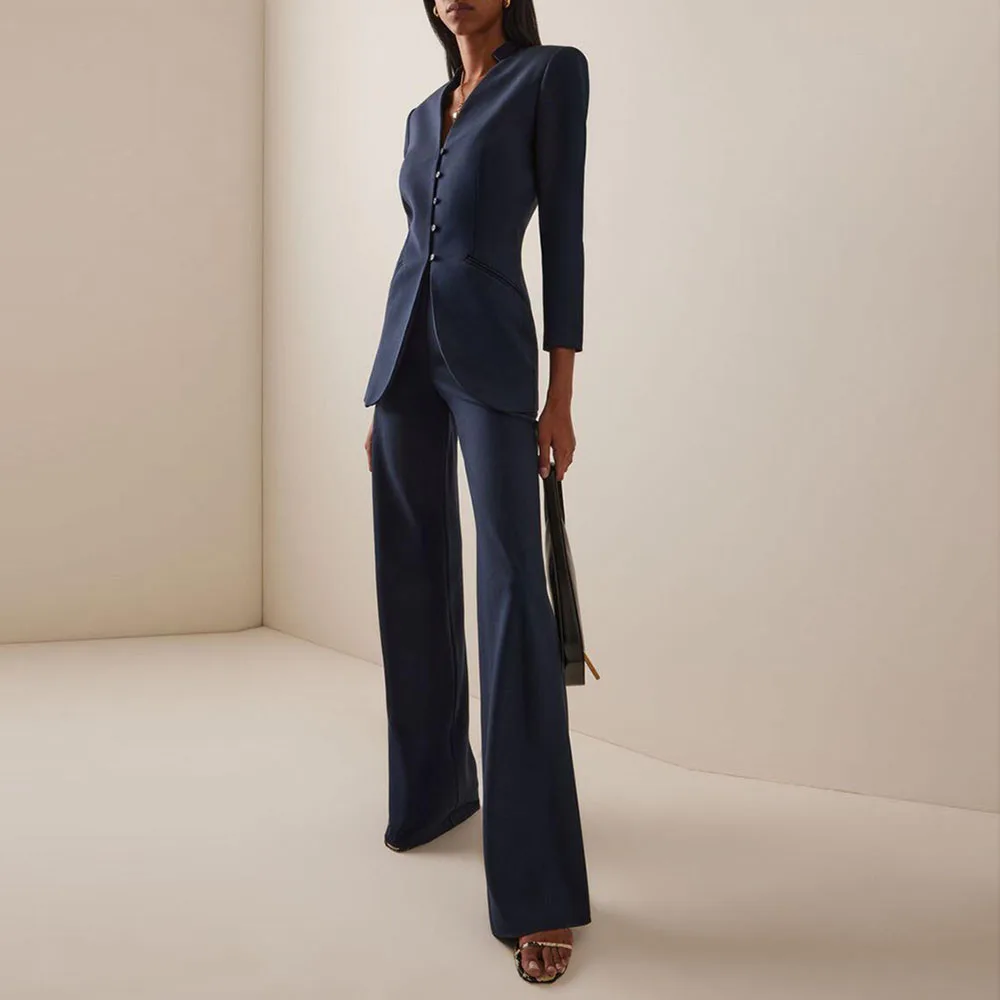 

Fashion Navy Women Suits Single Breasted 2 Pieces Jacket Pant Collar Slim Formal Occasion Female Clothing Stylish 2025 Popular