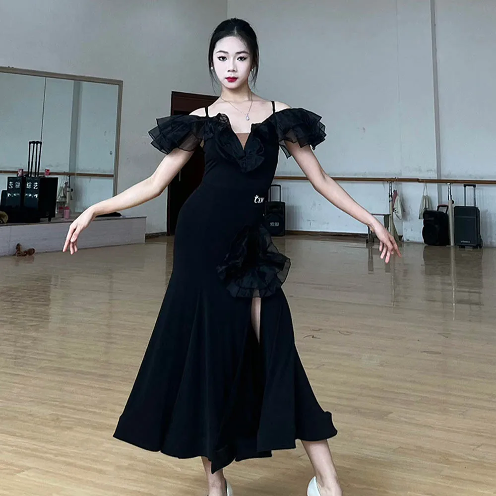 New Ballroom Dance Dress Women Balck Off Shoulder Top High Slit Skirt Standard Waltz Dance Dresses Dance Competition Wear VDL535