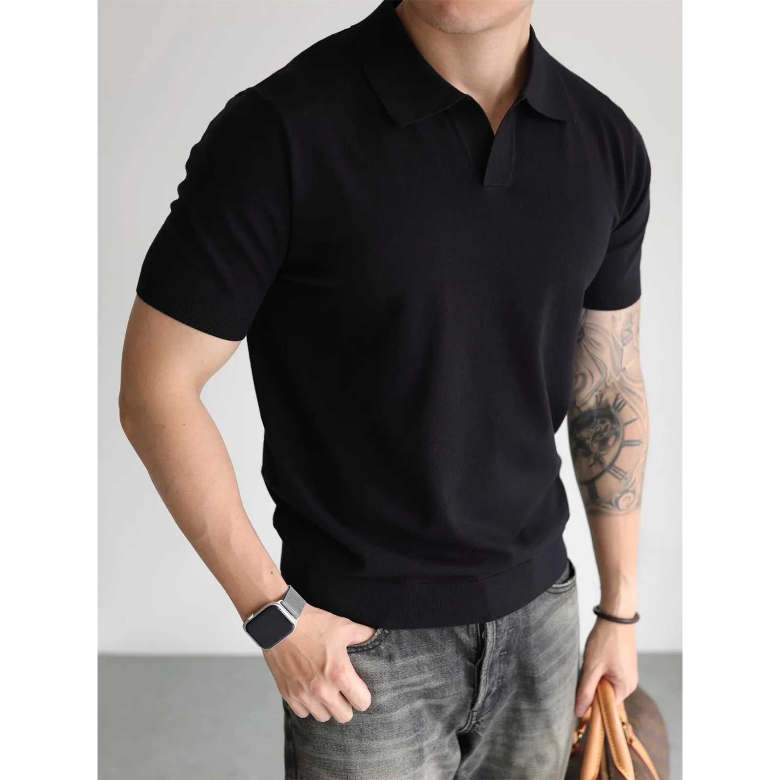 POLO Shirt V-neck Short-sleeved Knitted Sweater Men's Business 2026 Summer Ice Silk T-shirt