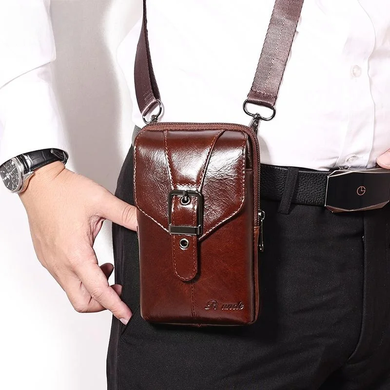 

Мужская водонепроницаемая вертикальная кожаная сумка для телефона на поясе, многофункциональная маленькая сумка через плечо, прочный верхний слой из воловьей кожи