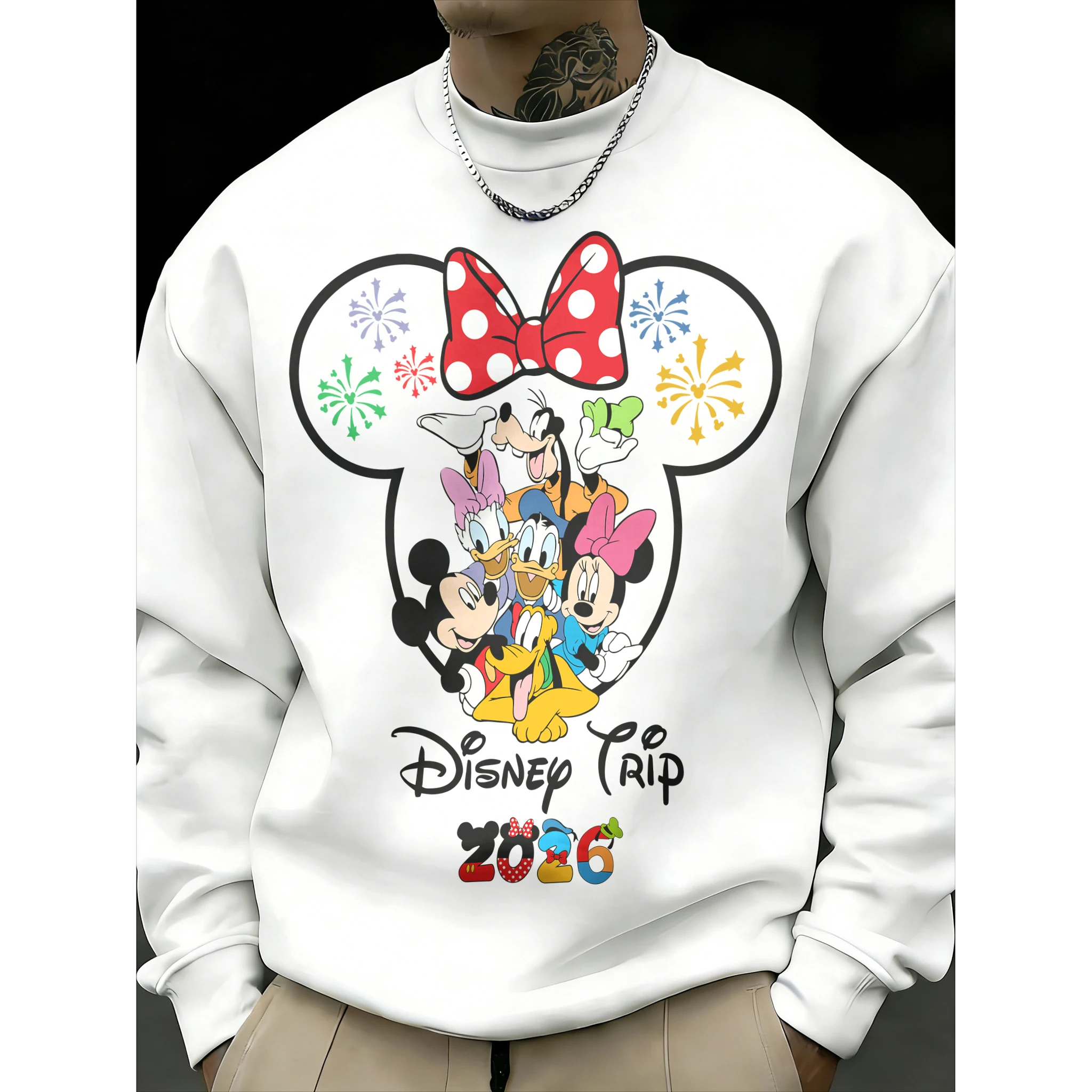 

Мужской свитшот с круглым вырезом и принтом «Диснейленд», осень-зима 2026, модный, на флисе, теплый, свободный, повседневный