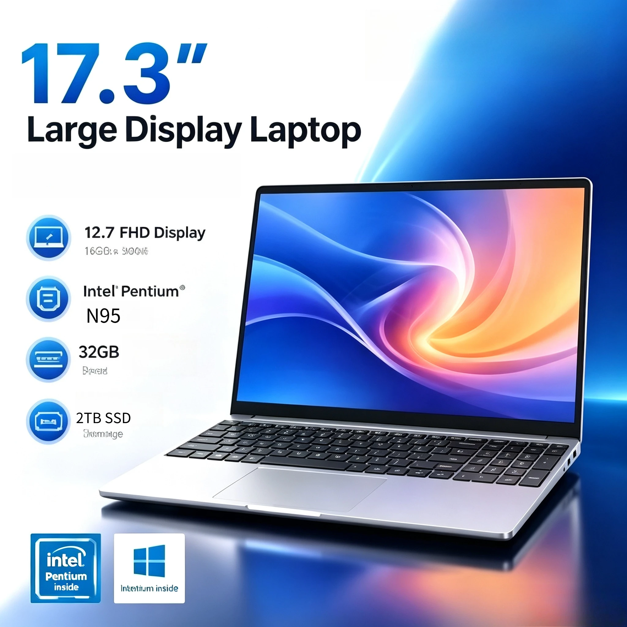 Intel Core N95 Laptop 32GB 2TB Windows 17.3Inch Large Screen Fingerprint Unlock Gamer Office Notebook Computer PC