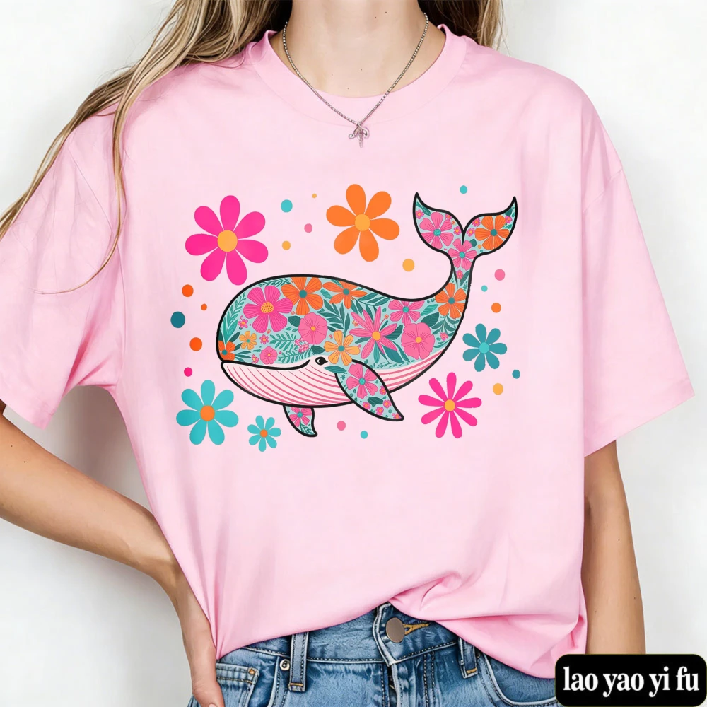Floral Whale T Shirt Retro Summer Beach Design Women Clothes Pattern Printed Casual Cotton Tops Holiday Tops Women Clothes