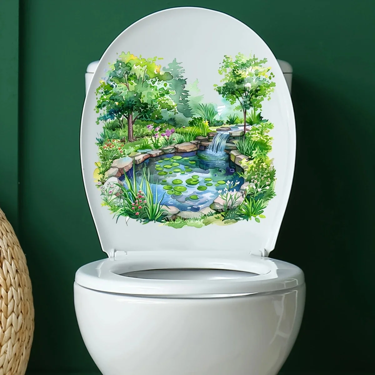 MT1270# Hand-Painted Small Pond Toilet Decoration Stickers, Green Woods And Small Pond Pattern Stickers, Self-Adhesive