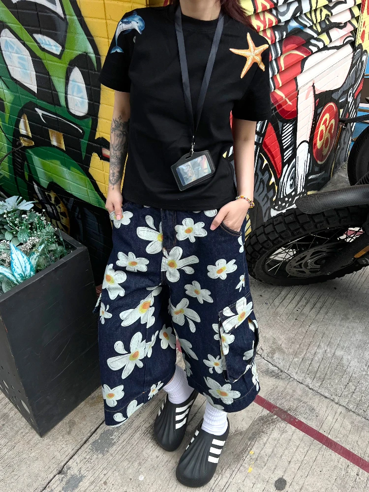 

Retro American Floral Print Workwear Jeans Seven-Foot Pants Unisex Street Style Wide Leg Five-Foot Shorts Trendy Casual Jeans