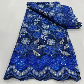 Tecido de malha de tule francês azul real, rede de lantejoulas africanas, tecido de renda nigeriano de alta qualidade para vestido de festa