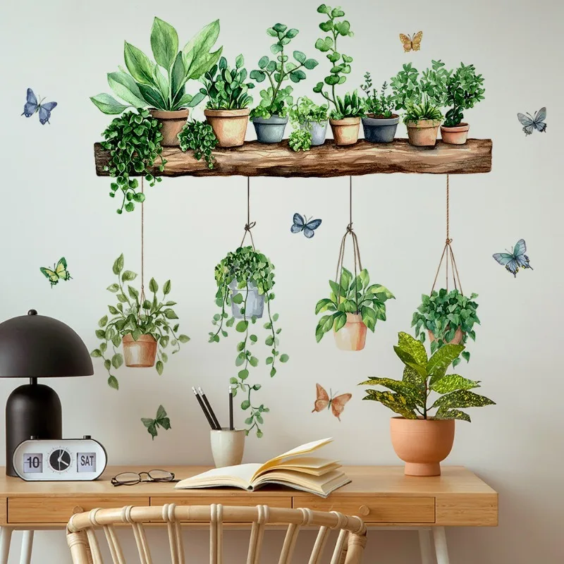 3D Potted Green Plant Shelf Wall Decals Green Botanical Tropical Succulent Wall Stickers for Living Room Kitchen Home Decor view 3