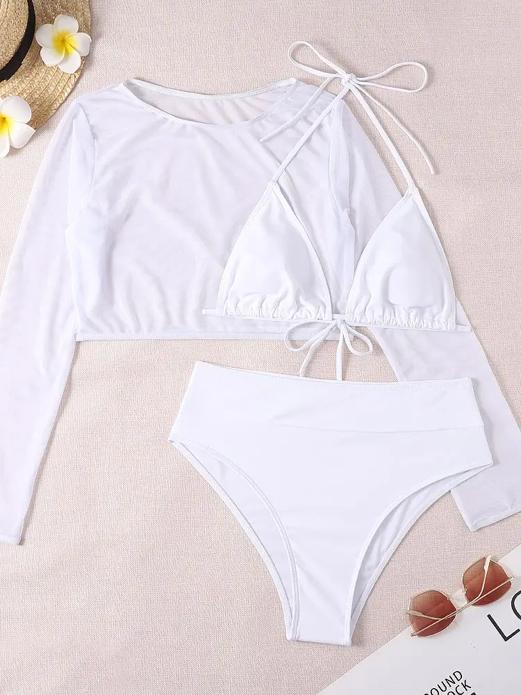 Traje de baño triangular de tres piezas para mujer, conjunto de Bikini Sexy de cintura alta, bañador de vendaje con Push-Up, traje de baño de manga