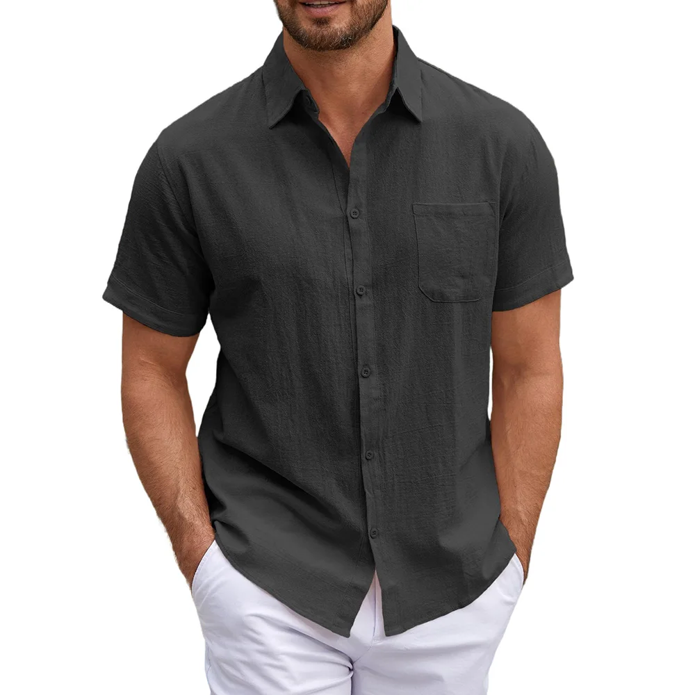

Men's Cotton Linen Shirt Short Sleeve Turn-down Collar Solid Color Casual Tops Breathable Lightweight Tees Male Stylish Shirts