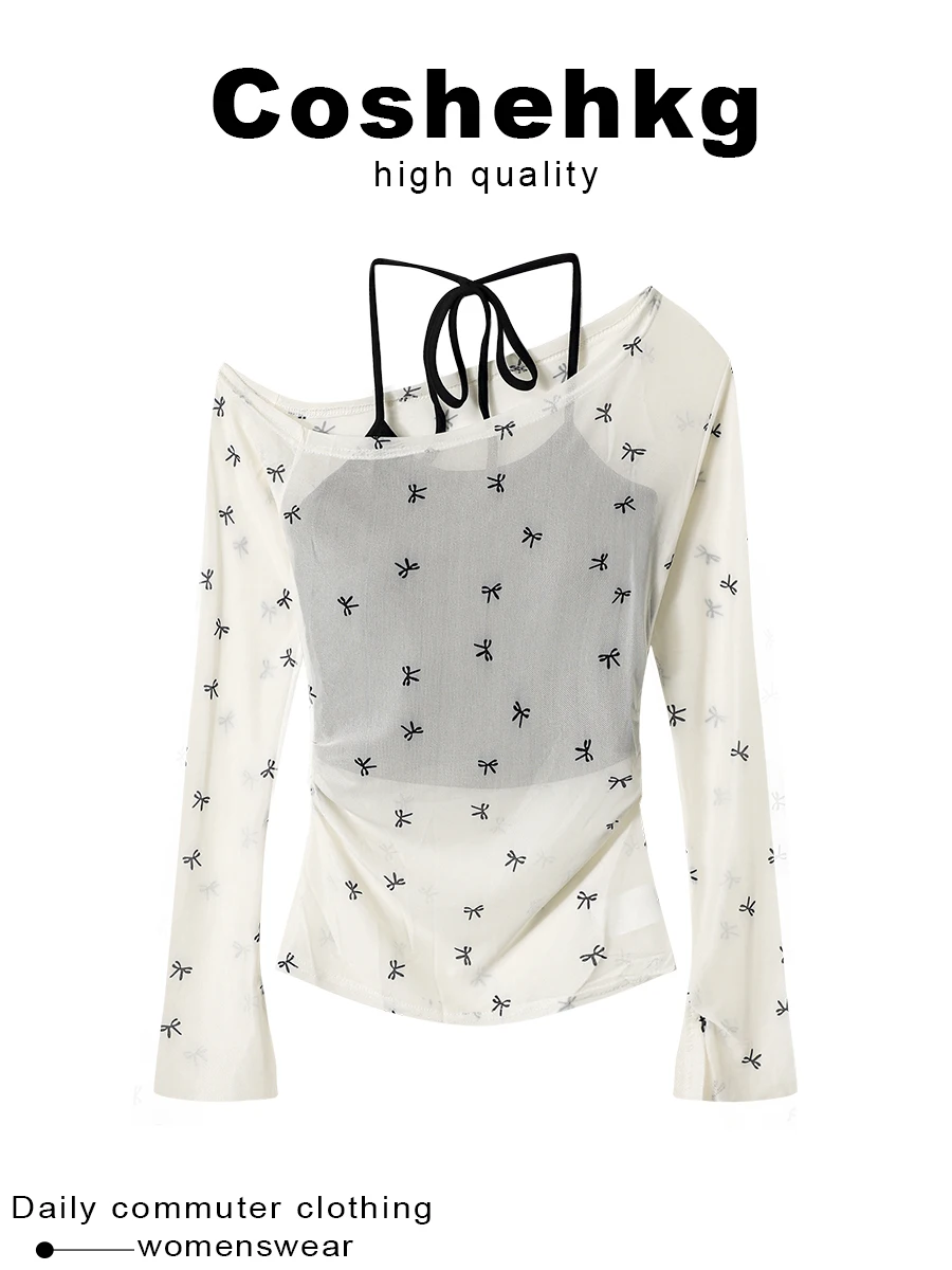 Coshehkg Spicy Girl  Knot Print Sun Protection Shirt Women's Summer New Two-Piece Set Pure Color Strap Top Bottom
