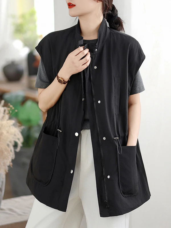 Authentic 2026 New Style Women's Vest Casual Sleeveless Hidden Buckle Drawstring Waist Slim Fit Outdoor Polyester Fiber