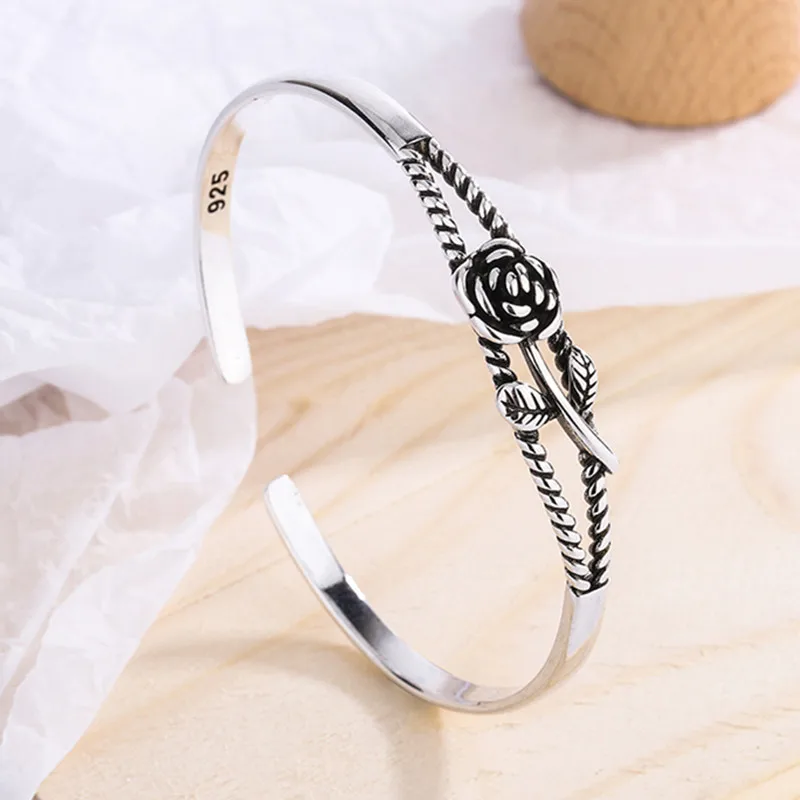VENTFILLE 925 Sterling Silver Flower Branch Bangle for Women Rose Texture Retro Punk Double Layer Open Jewelry Gift Dropshipping