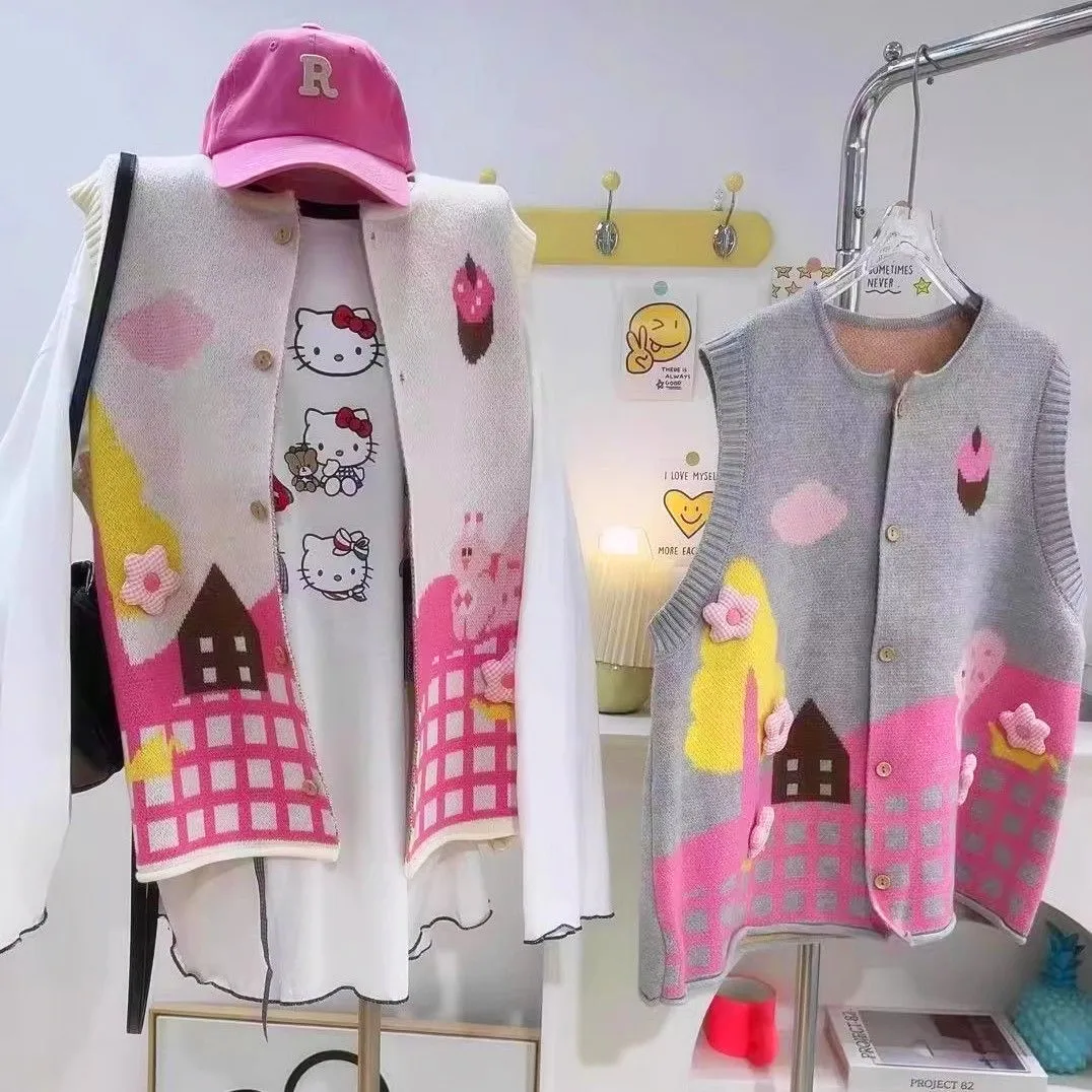 

Autumn Winter Vest Sweaters Women Cartoon Flowers Appliques Pullovers Cute Preppy Young Ladies Knitted Vest Sweaters NZ259