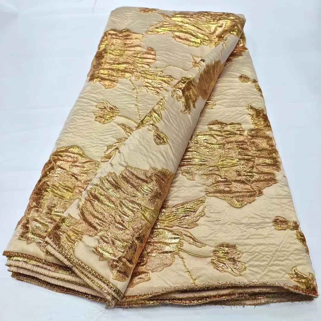 

New Gold Color African Brocade Lace Jacquard Fabric Nigerian Floral Damask Cloth Organza French Tulle Net Dress Tissus Material