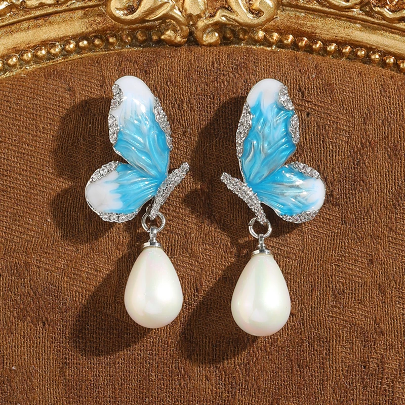 

Vintage Gradient Blue Butterfly Earrings Pearl Pendant Gold Color Woman Trend 2025 Valentine Day Gift Luxury Quality Jewelry
